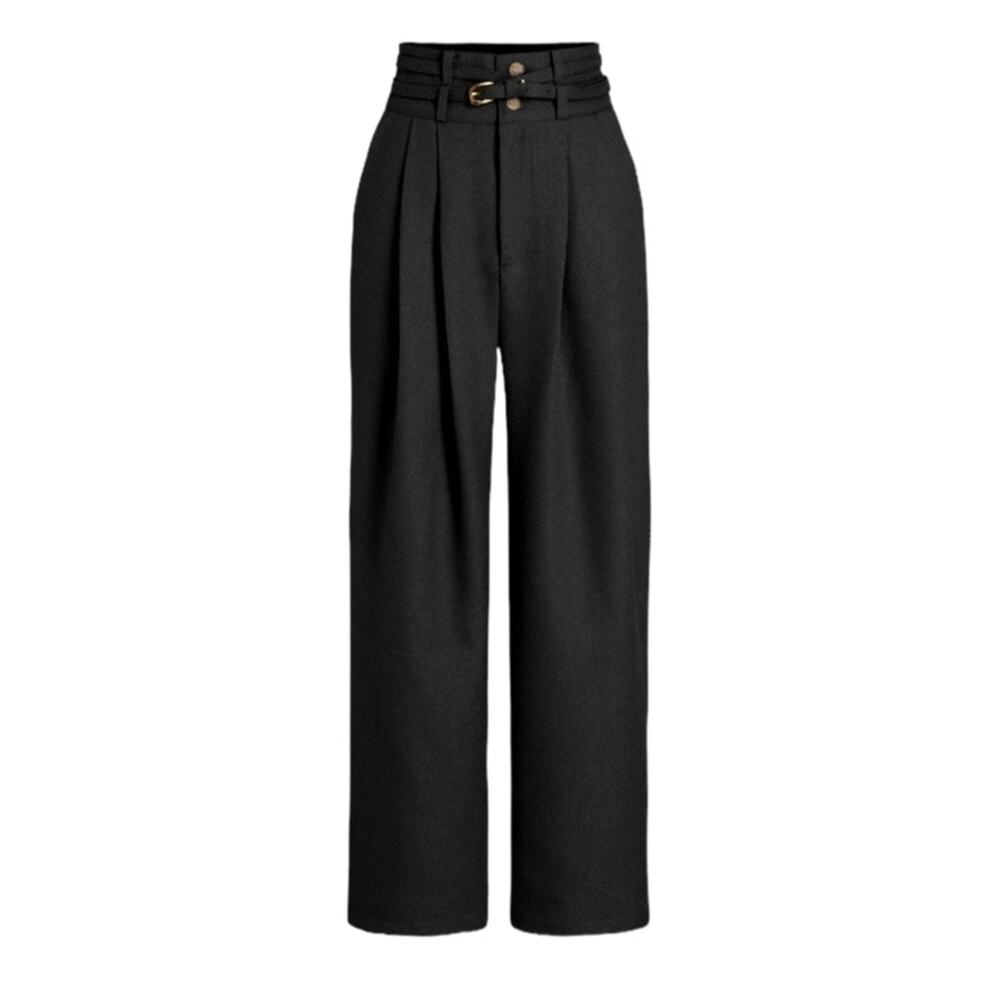 Cider Women's Medium Black Tweed Solid Belted Straight Leg Formal Trousers